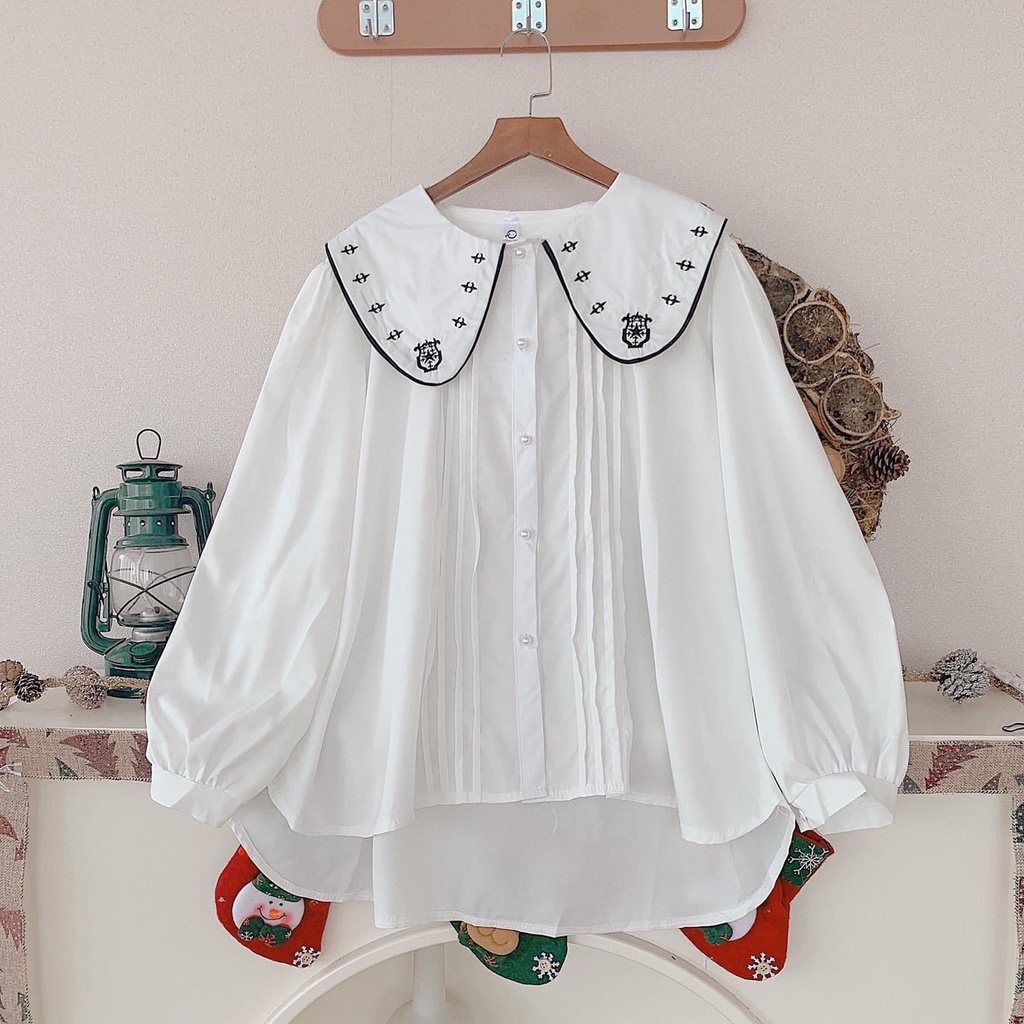 [Ảnh thật] Áo sơ mi cổ bèo xếp li ngực cách điệu họa tiết cổ áo ulzzang