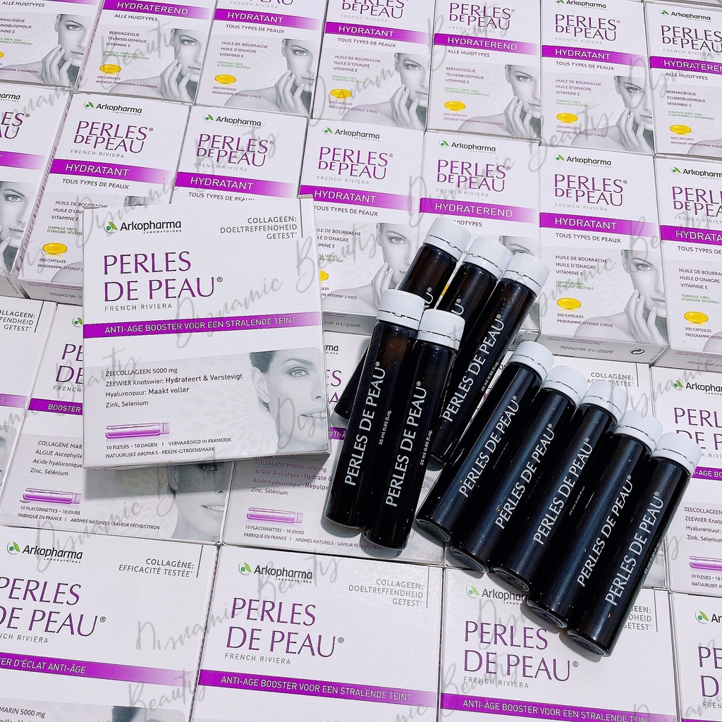 Nước uống collagen đẹp da Arkopharma perles de peau french riviera booster d'eclat anti-age 5000mg 10 ống x 25ml