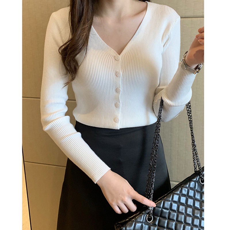 Áo khoác Cardigan dệt kim phối nút thiết kế cổ chữ V thanh lịch