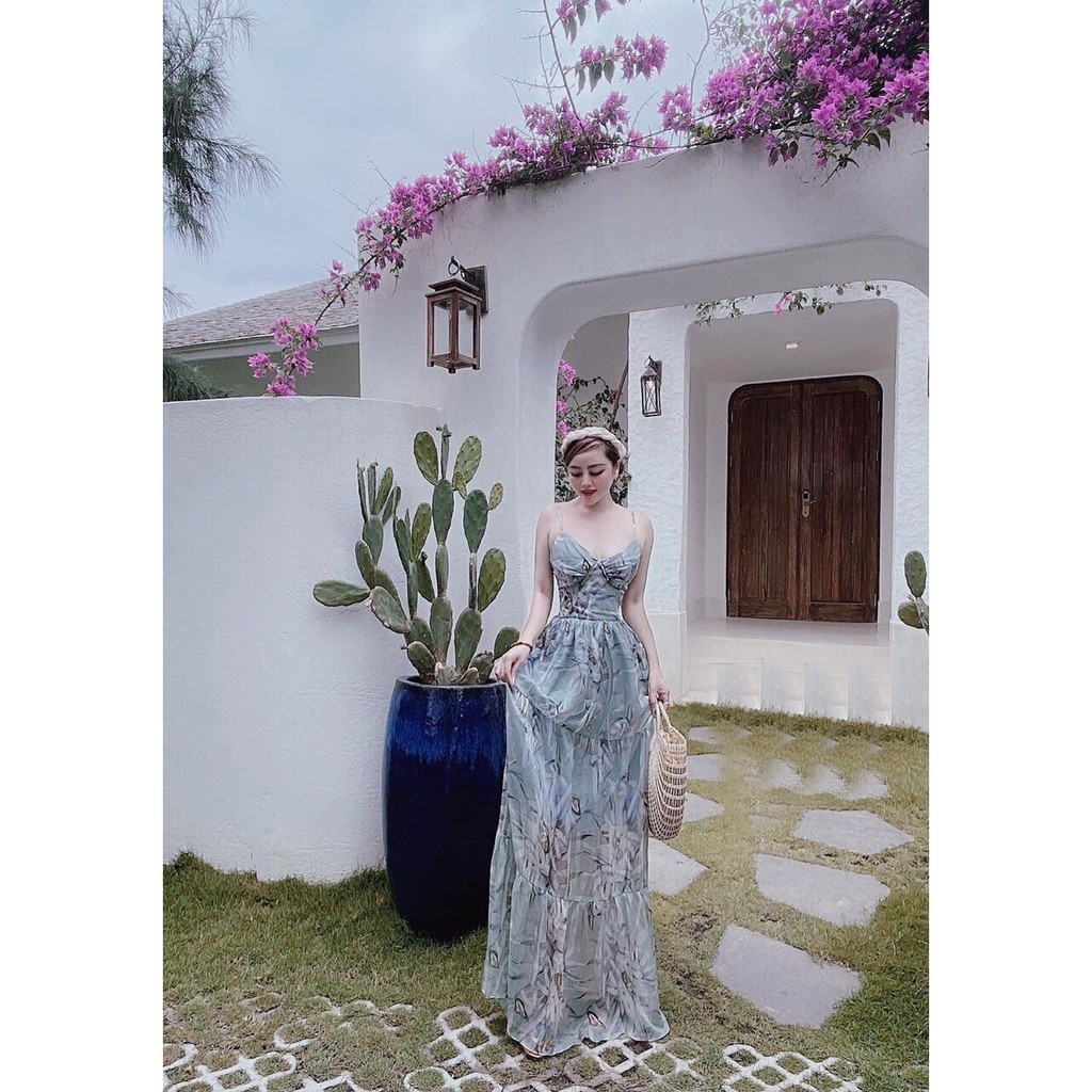 đầm maxi đi biển von lụa họa tiết hoa siêu xinh (kèm hình thật)