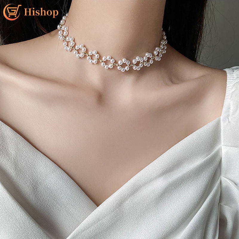 Vòng cổ choker đính ngọc trai nhân tạo hình hoa thanh lịch thời trang cho nữ