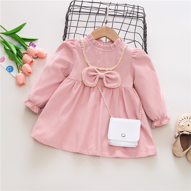 Đầm Công Chúa Tay Dài Đính Nơ Dễ Thương Thời Trang Xuân Thu Cho Bé Gái 9 Tháng-3 Tuổi