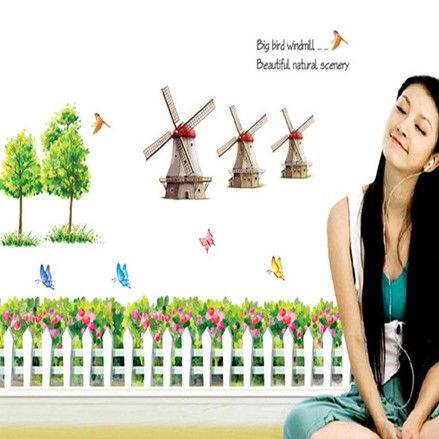 Tranh decal dán tường CỐI XAY GIÓ VÀ HOA cho bé - Decal dán tường️