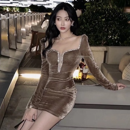 Váy Body Cổ V Viền Đá LSEOUL V1261 Ánh Kim Sang Trọng Quyến Rũ Phù Hợp Đi Tiệc