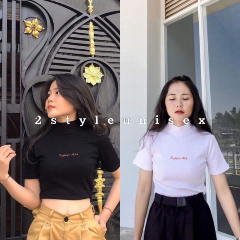 Áo croptop cổ cao 1986 dáng ôm body ngắn tay hack dáng