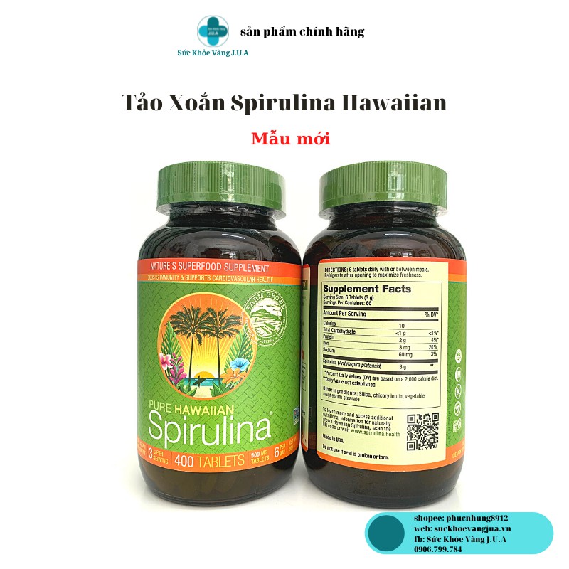 TẢO PURE HAWAIIAN  SPIRULINA LỌ 400 VIÊN - VITAMIN TỰ NHIÊN - TĂNG ĐỀ KHÁNG | Thế Giới Skin Care