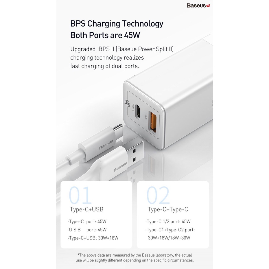 Bộ sạc nhanh thế hệ mới Baseus GaN 45W Mini Travel Quick Charger kèm cáp type C - C cho Smartphone / Tablet / Laptop