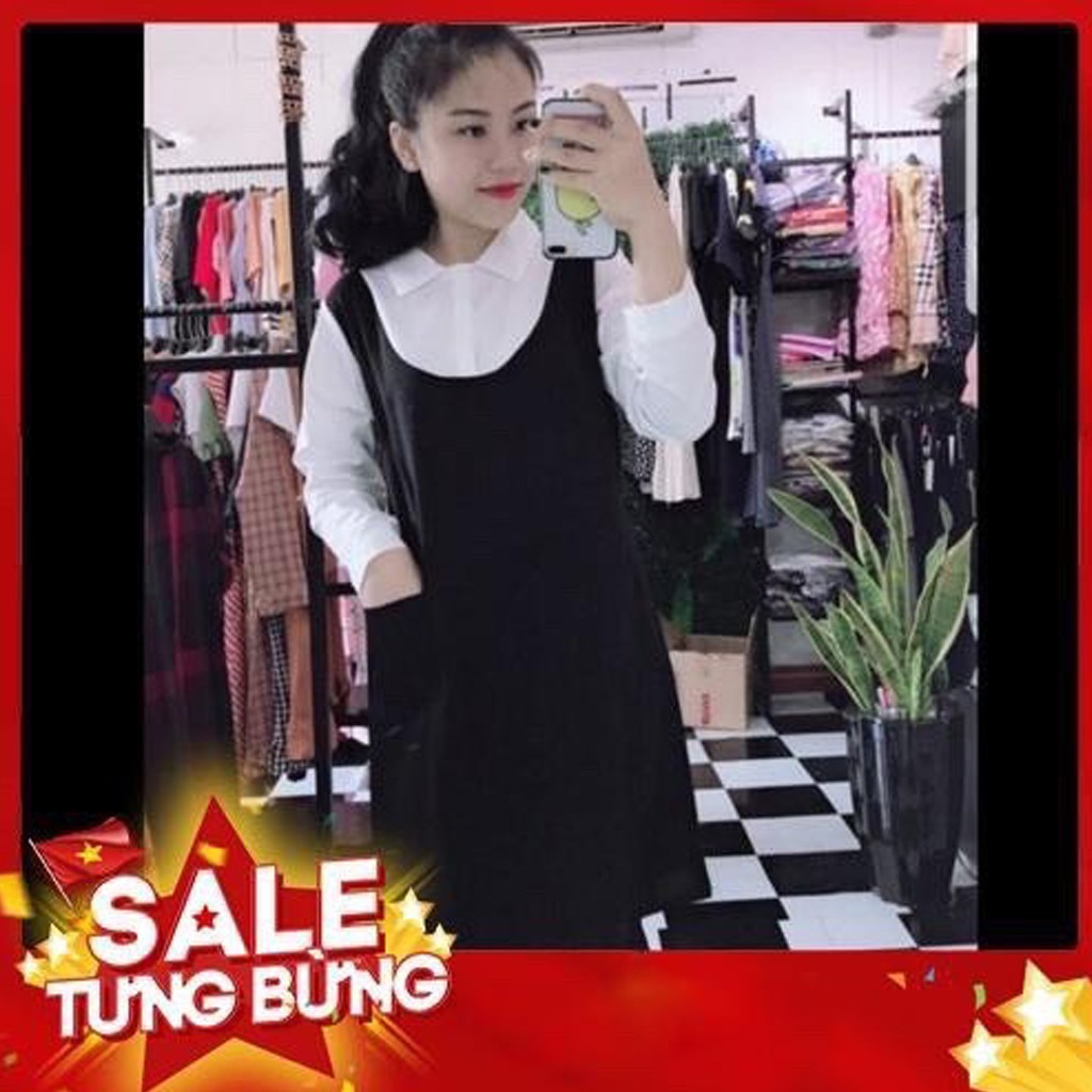 Váy bầu thời trang thiết kế yếm liền áo dài tay M152 chất đũi hàn freesize từ 45 đến 70kg