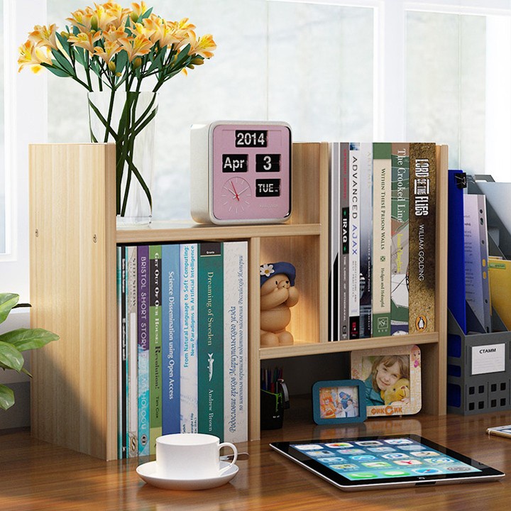 Kệ sách gỗ để bàn trang trí chất liệu gỗ MDF lắp ghép dễ dàng màu vân gỗ