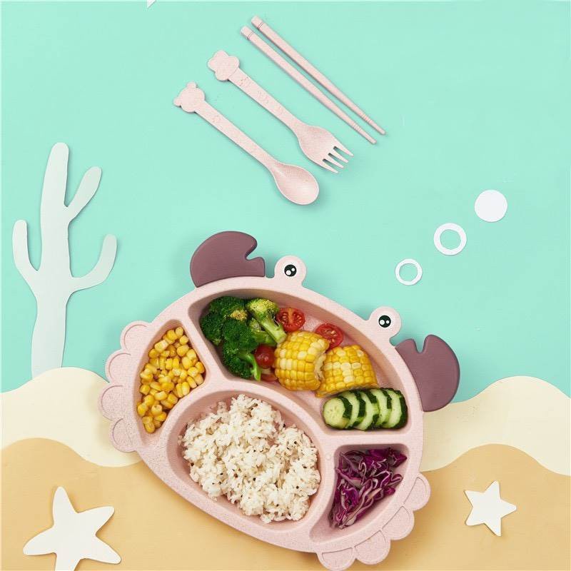 Bộ Khay Bát Ăn Dặm Lúa Mạch Kèm Đũa 6 Món Hình Cua Ngộ Nghĩnh Đủ Màu Cho Bé