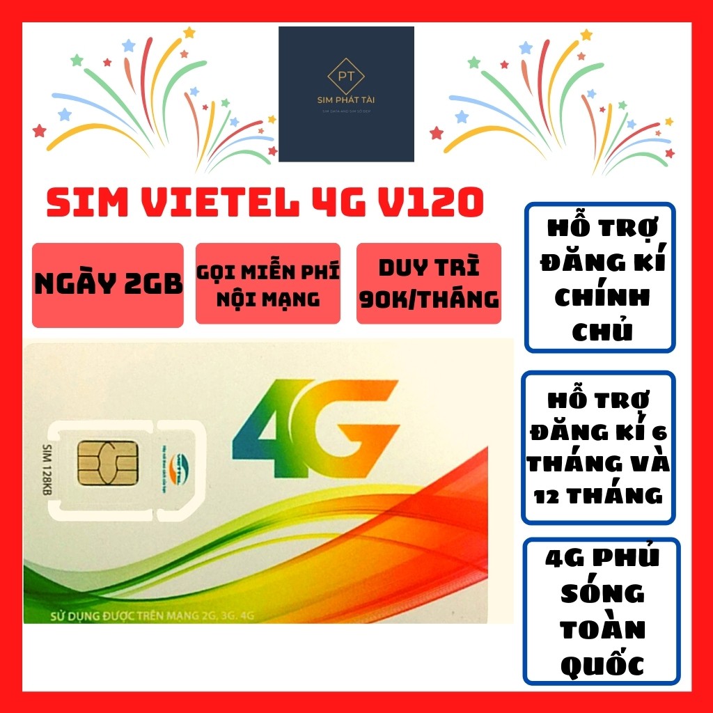 SIM 4G VIETTEL V120 DATA 60GB  - Sim Gọi Miễn Phí Nội Mạng Viettel -  Gọi miễn phí 50 phút ngoại mạng - Free tháng đầu