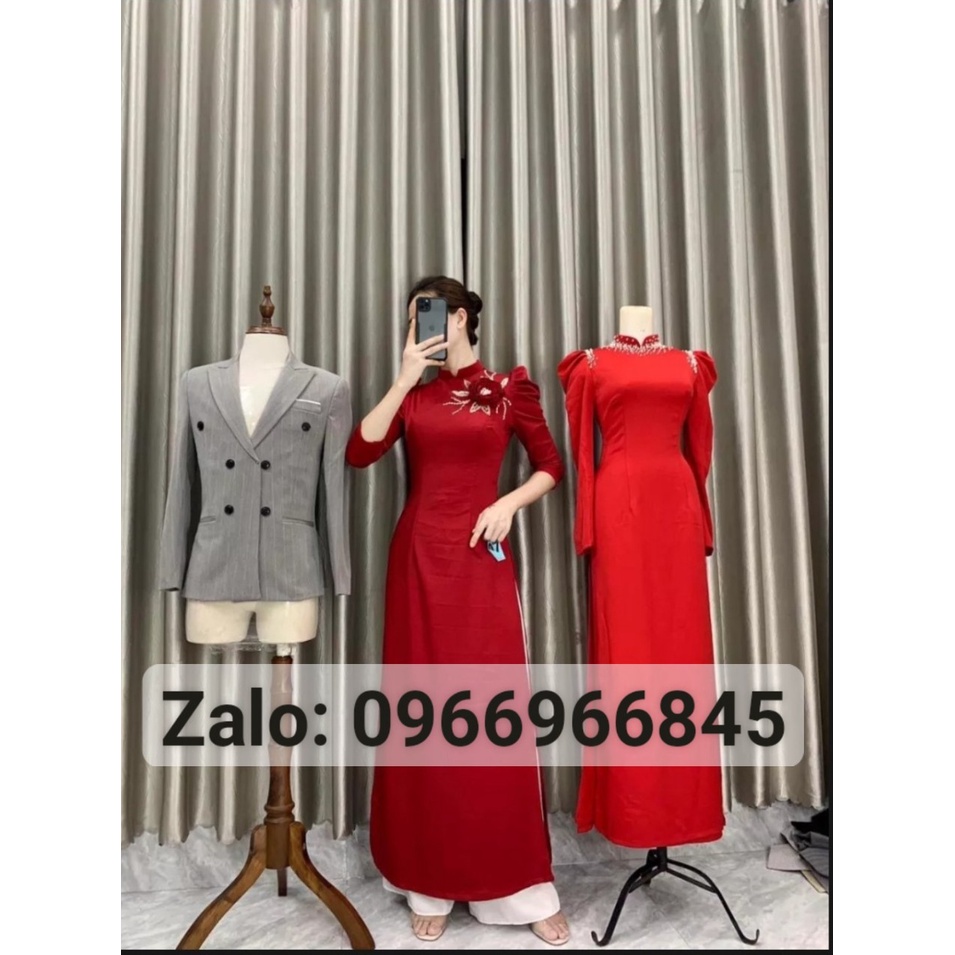 Áo dài đỏ tây thi tay bồng đính hoa_Áo Dài Đan Linh