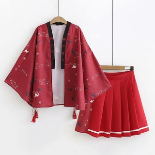 [Kèm ảnh thật] Set trang phục Nhật Bản: Áo khoác kimono/ haori/ happi hạc giấy, hoa anh đào + Chân váy xòe