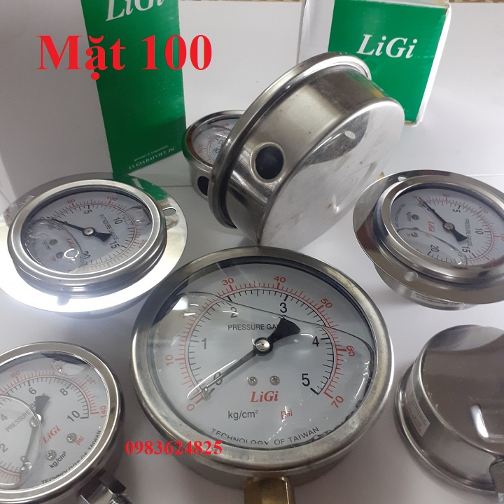 Đồng hồ đo áp suất áp lực nước hơi khí nén 5kg mặt 100mm có dầu LIGI