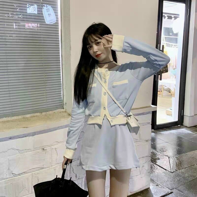 SET CROP XANH POLO VIỀN TRẮNG + CHÂN VÁY