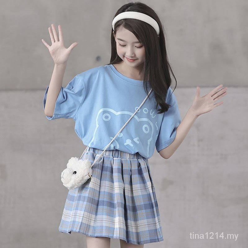 Set Đồ Mùa Hè 2 Món Gồm Áo Thun + Váy Ngắn Kẻ Sọc Caro Thời Trang Cho Bé Gái 3-13 Tuổi
