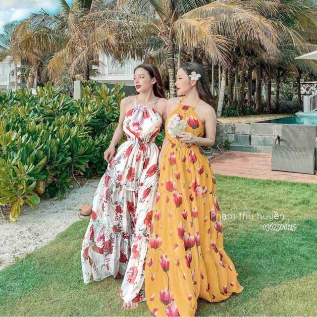 Đầm maxi yếm hoa