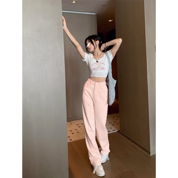 *kèm ảnh thật* Quần kaki màu hồng pastel ống suông đứng kiểu dáng Hàn Quốc