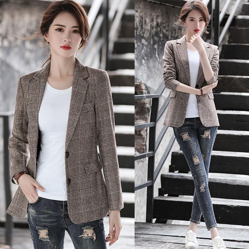 Áo khoác blazer họa tiết kẻ sọc ca rô thanh lịch thời trang dành cho nữ