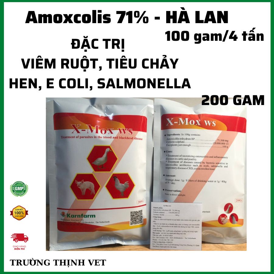 amoxcolis 71% Hà Lan viêm ruột, tiêu chảy, hen, ecoli, salmonella cho gà, vịt, heo. Thú y Trường Thịnh