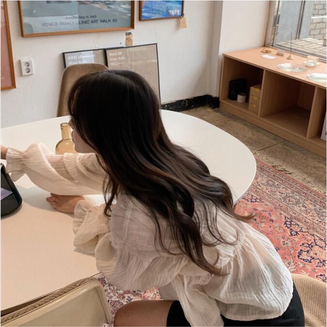 SUXI Áo kiểu màu trắng tay dài cổ chữ V thời trang Hàn Quốc thanh lịch