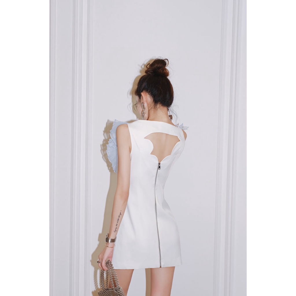 Phong Cách mới!F &amp; X Đầm Hai Dây Ngắn Lưng Cao Viền Gợn Sóng Bằng Vải Organza Nhẹ Nhàng Quyến Rũ Cao Cấp Kiểu Pháp Ngọt Ngào Thời Trang Mùa Hè Dành Cho Nữ