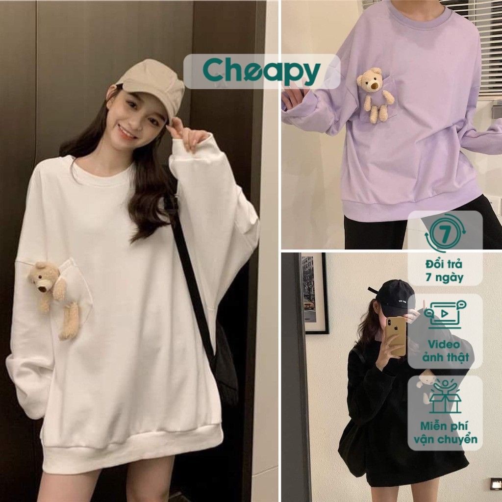 Áo thun nam nữ kèm Gấu Bông unisex dài tay cổ tròn cotton trắng đen basic phom rộng oversize local brand Cheapy