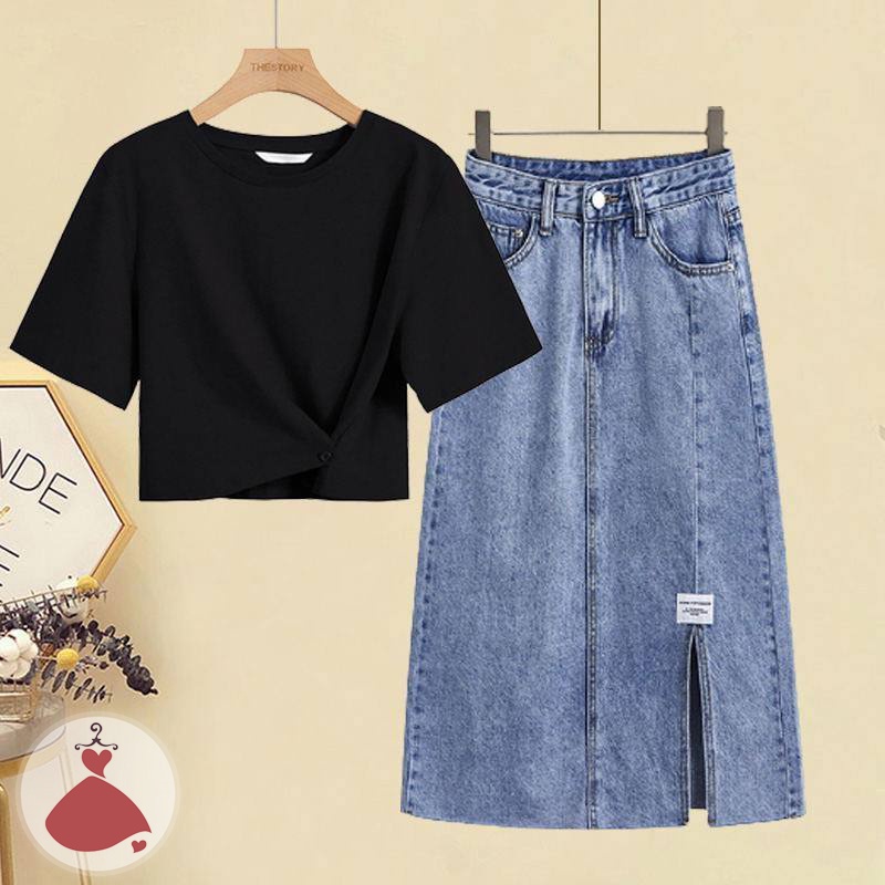 Sét Áo Thun mix Chân váy Jean SOBIN đẹp trang nhã lịch sự Big Size KG, CHÂN VÁY, VÁY 017