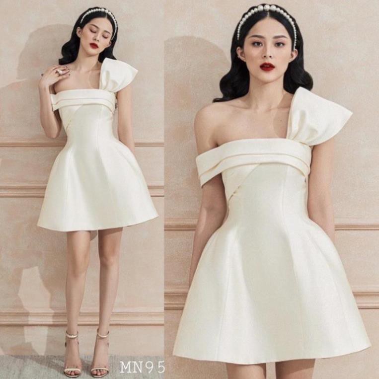 Đầm dự tiệc đầm sang trọng đầm dáng xoè Taffta nơ ngực chéo vai đi chơi dạo phố công sở - N95 * ྇ ྇