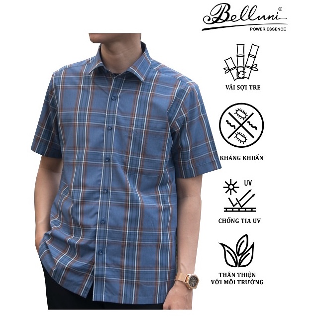 Áo sơ mi nam ngắn tay BELLUNI chất Bamboo sọc caro trẻ trung - ABN.BP.BE.196.B1
