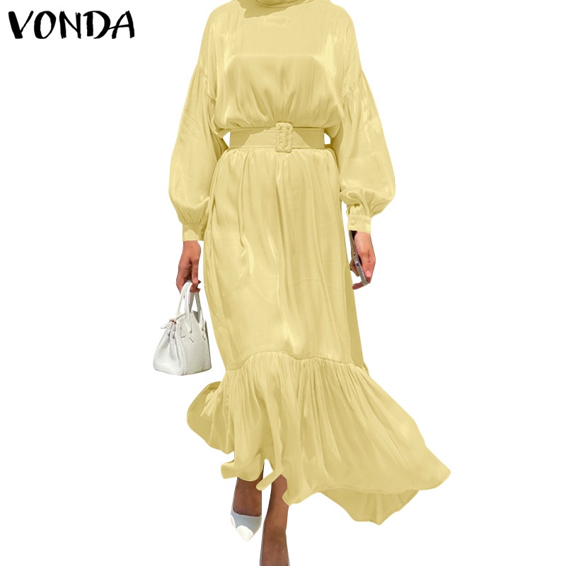 Đầm dài VONDA kiểu xếp ly cổ đứng dài tay màu trơn dáng rộng cho nữ