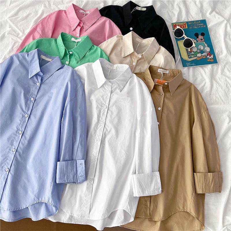 Áo Sơ Mi Tay Dài Dáng Rộng Màu Trơn Kiểu Nhật Hàn Thời Trang Xuân Thu Cho Nữ