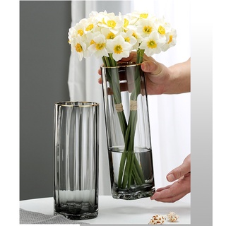Lọ cắm hoa decor , bình hoa thủy tinh trụ tròn cao cấp miệng sơn mạ vàng - Phong cách Bắc Âu Nordic