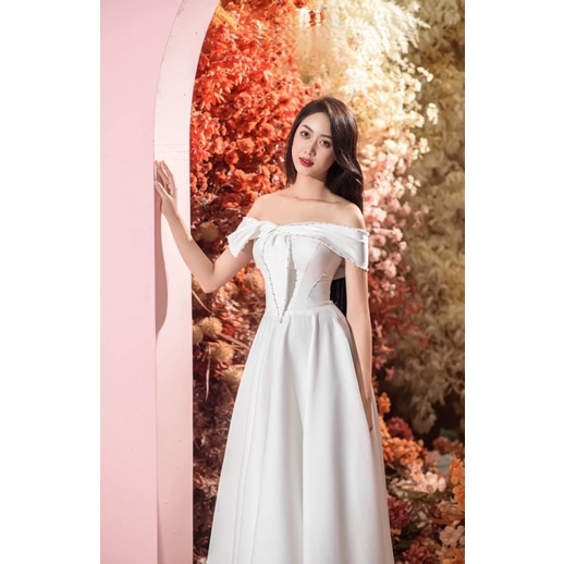Đầm maxi mặc cưới bẹt vai nơ kết cườmTRIPBLE T DRESS đi bàn nhẹ nhàng - size M/L -MS416V
