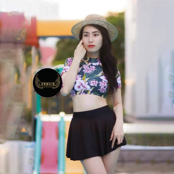 Đồ bơi nữ Bikini nữ 2 mảnh họa tiết hoa ngắn tay quần chân váy kín đáo đi biển đi bơi đẹp nâng ngực tôn dáng gợi cảm sa