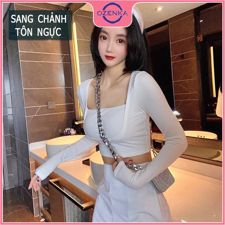 Áo croptop dài tay nữ len tăm tôn ngực ozenka dáng ôm sang chảnh màu đen trắng size dưới 52 cân