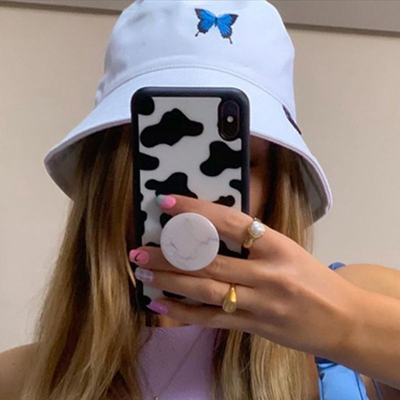 Mũ Bucket Unisex Thêu Hình Bướm Phong Cách Harajuku