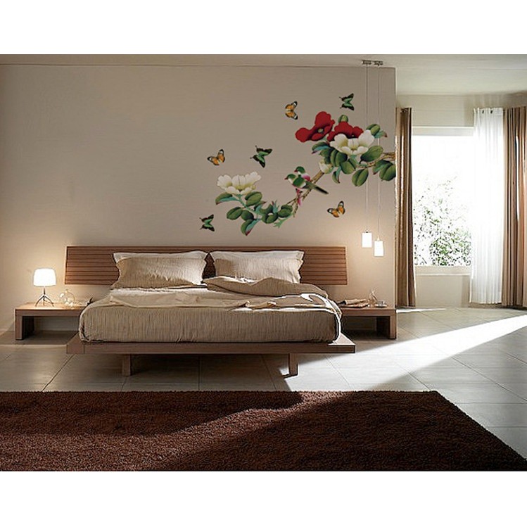 Decal trang trí tường Cành Hoa Hồng Đỏ Trắng Cổ Điển