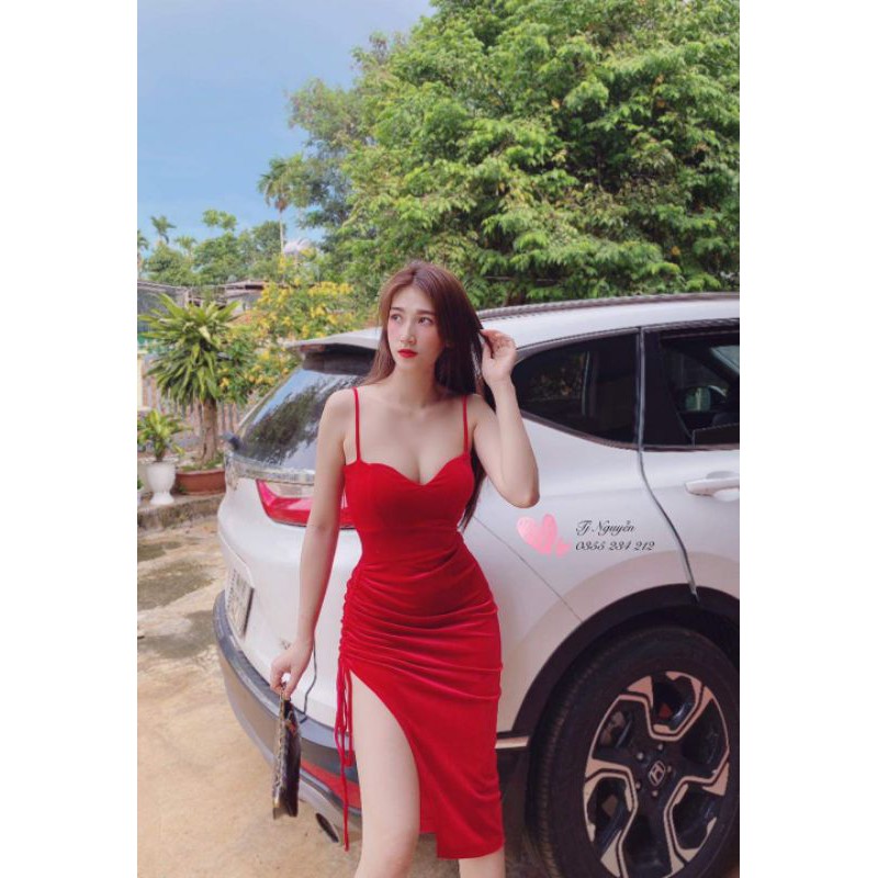 Đầm body nhung rút dây hông