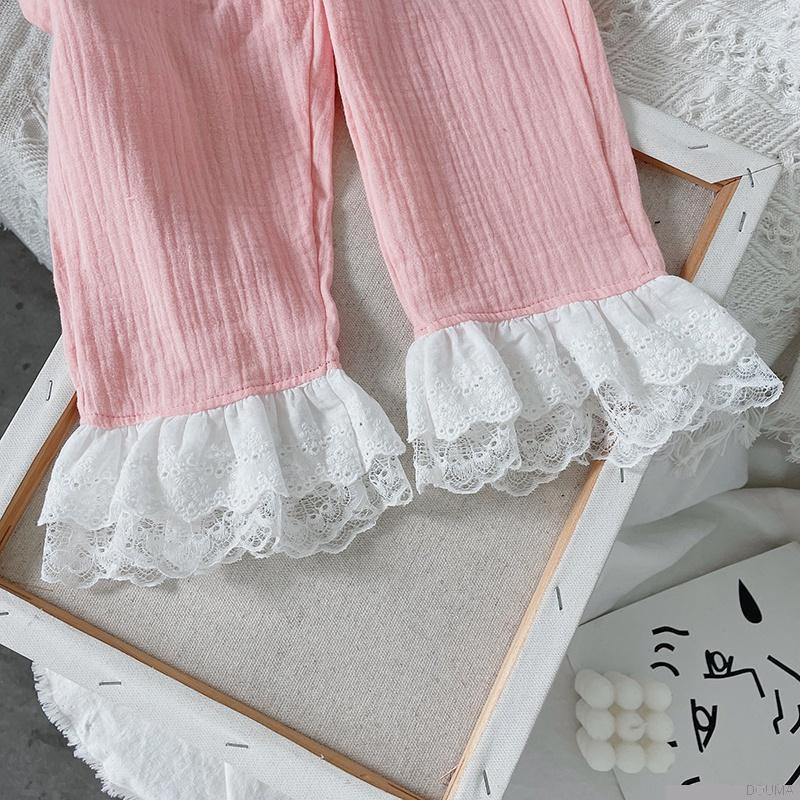 Bộ đồ ngủ áo tay phồng cổ chữ V phối ren + quần dài thời trang cho bé gái