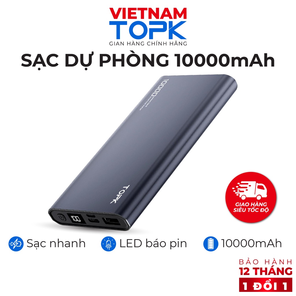 Sạc dự phòng TOPK I1006P 10000mAh - Sạc PD 18W - Màn hình LED - Hàng phân phối chính hãng - Bảo hành 12 tháng 1 đổi 1