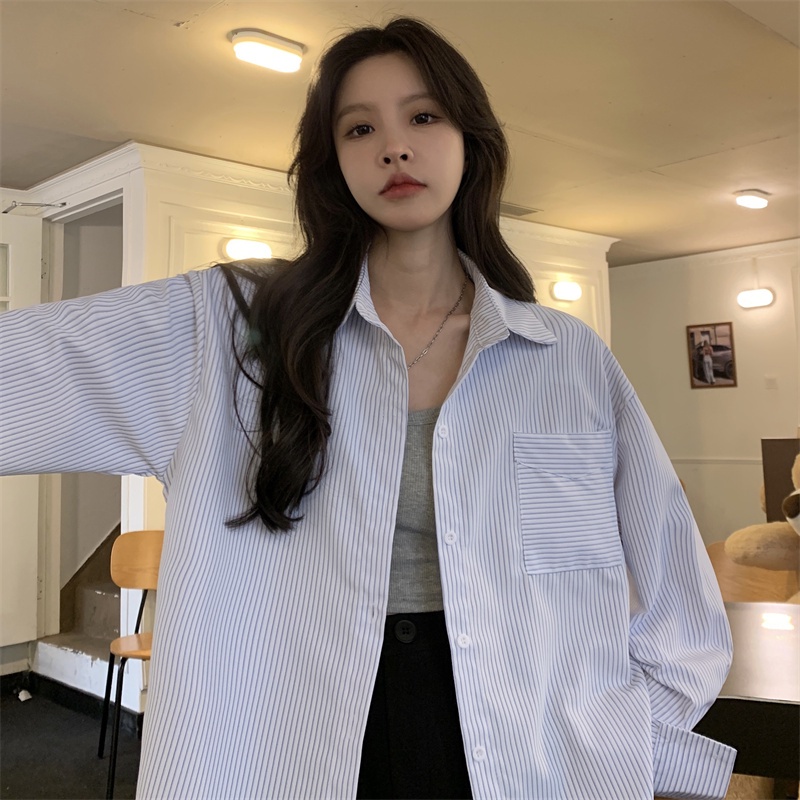 【ZHELIHANGFEI】Áo Sơ Mi Tay Dài Họa Tiết Sọc Theo Phong Cách Preppy Dễ Phối Đồ