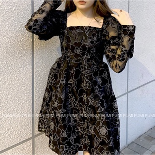 Đầm đi tiệc nữ cổ U tay dài hoạ tiết ren hoa nổi dây kéo sau freesize Pumi