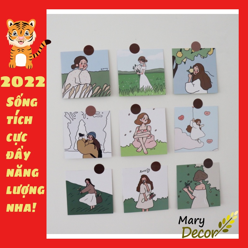 Set 9 thẻ giấy, post card trang trí tường hình cô gái xinh xắn dễ thương kèm lựa chọn sticker đủ màu sắc - Mary Decor