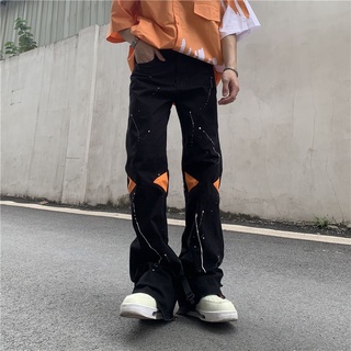 Quần denim màu đen ống loe dáng rộng có khóa kéo phong cách thời trang Âu Mỹ dành cho nam giới