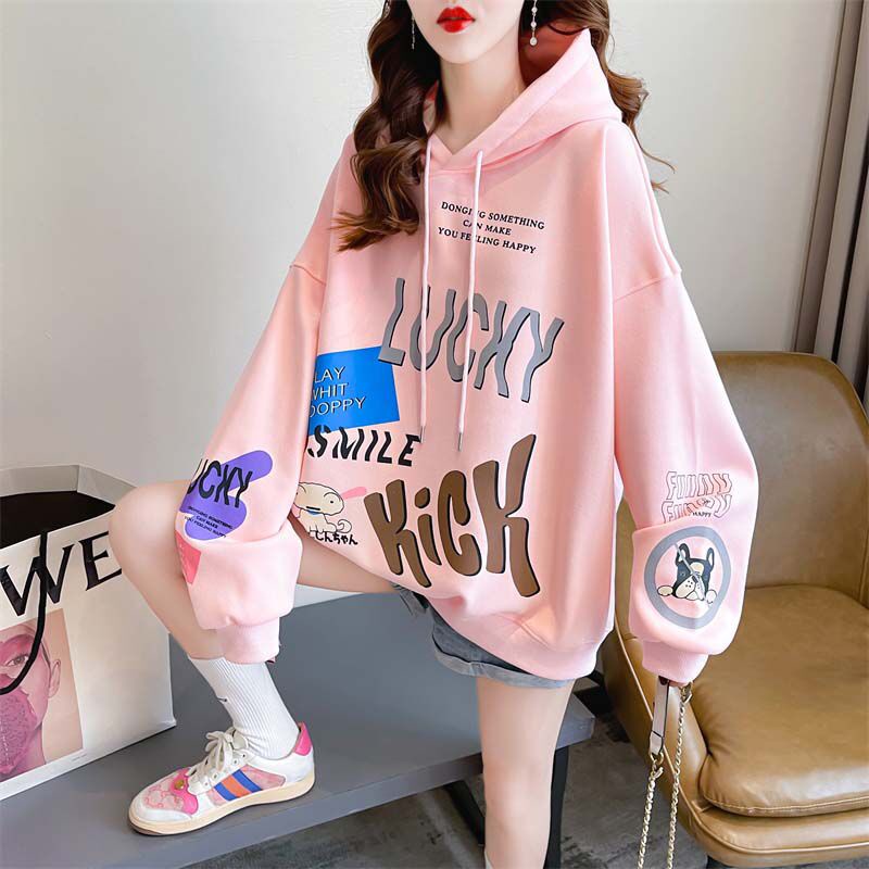 ZHELIHANGFEI Áo Hoodie Dáng Rộng In Họa Tiết Hoạt Hình Xinh Xắn Dễ Phối Đồ