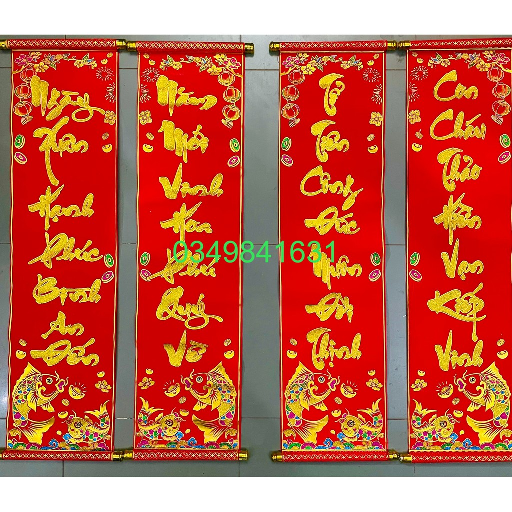 1 đôi câu đối đỏ, liễng trang trí tết in chữ Việt Nam làm từ vải nhung in màu 3D đẹp
