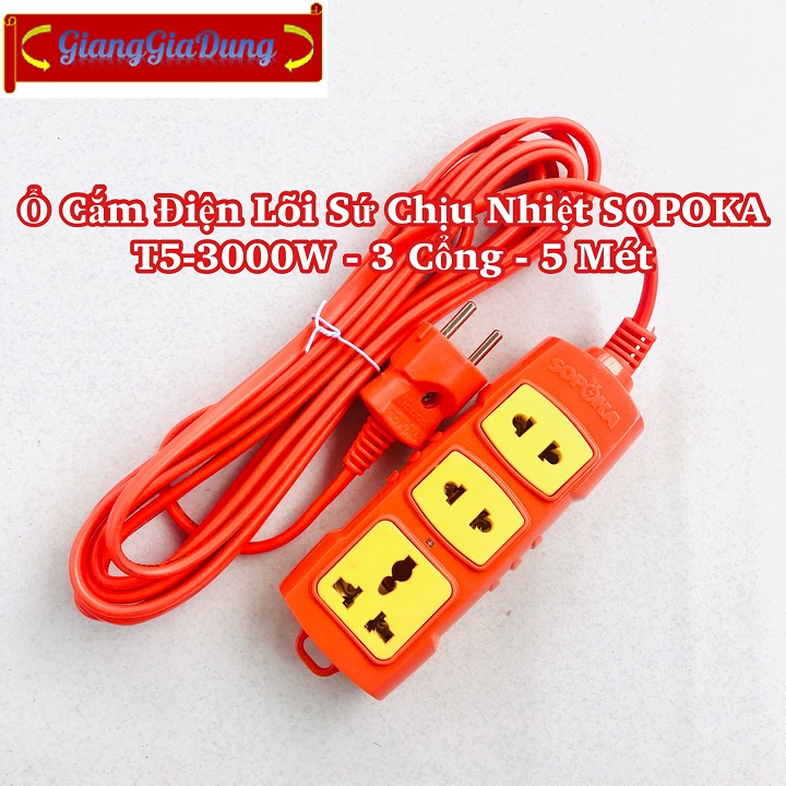 Ổ Cắm Điện Lõi Sứ Chịu Nhiệt SOPOKA T5-3000W 3 Cổng - 5 Mét