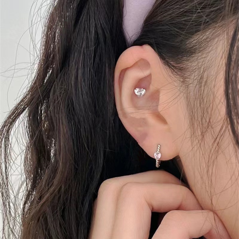 Khuyên tai hình trái tim đính đá zircon trái tim hồng thời trang cho nữ