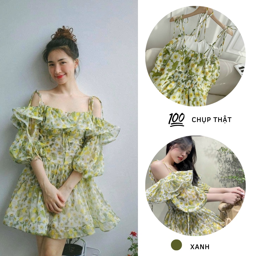 ĐẦM HOA VÀNG NỮ VOAN 2 LỚP CỘT DÂY RỚT VAI MÀU XANH LÁ DIỆN ĐI BIỂN CỰC XINH ĐẦM VÁY BÁNH BÈO NỮ BEST